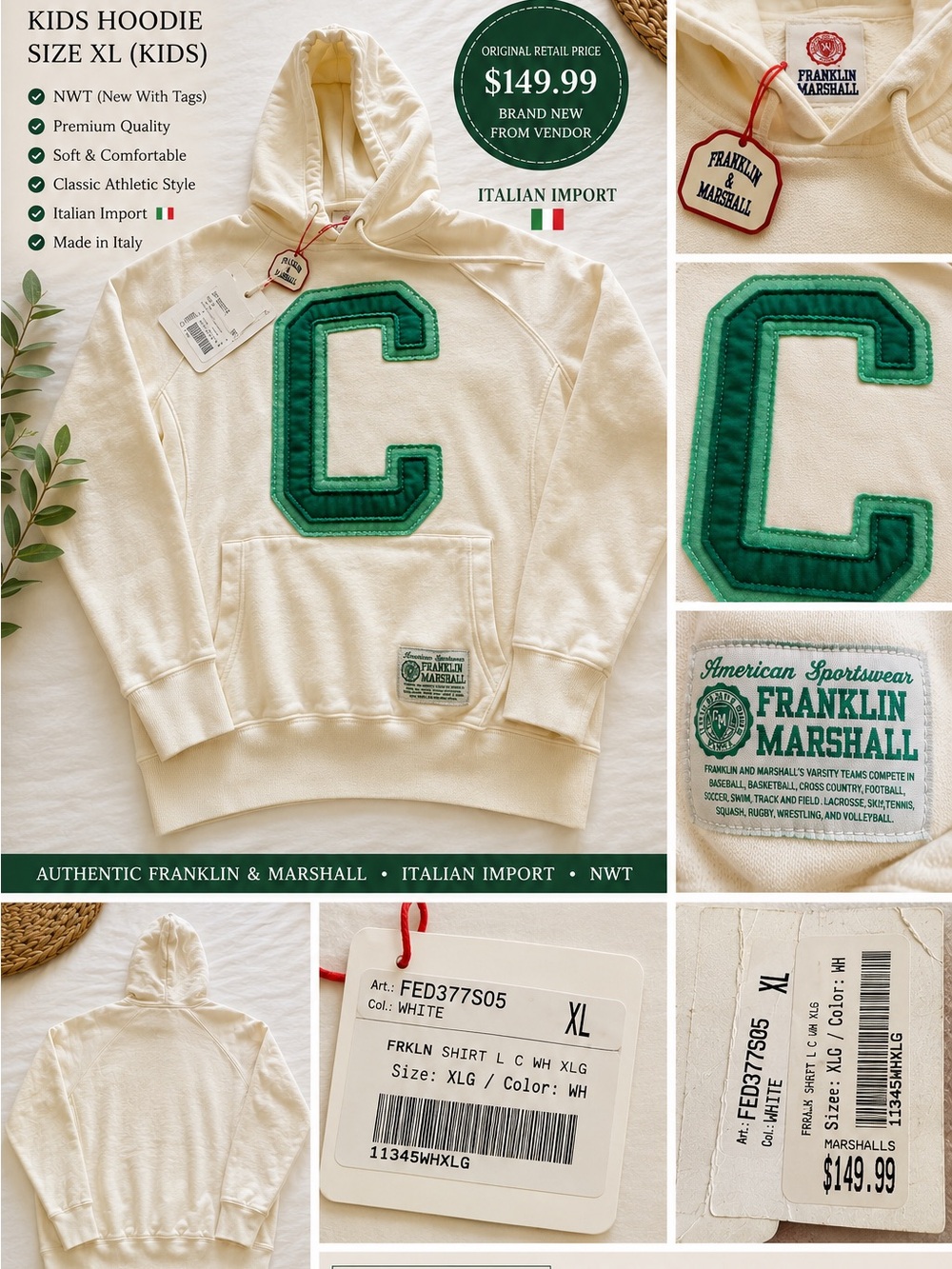 Franklin & Marshall Cream Hoodie with Green 'C' Applique